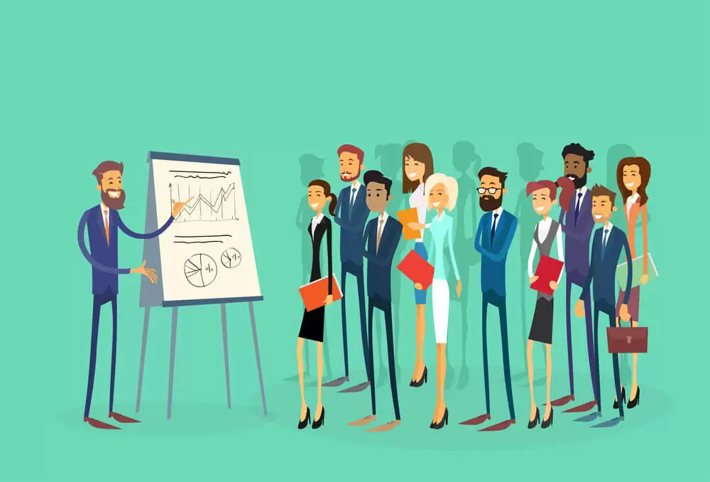 Desenho de pessoas vendo apresentação de gráfico